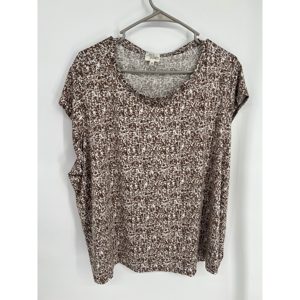 Ava James Womens 3X Brown White Abstract Print‎ Scoop Neck Short Sleeve Blouse